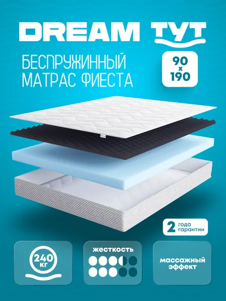 Матрас DREAM TYT Фиеста, беспружинный, ортопедический, 90 x 190 см