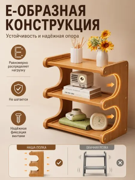 Полка напольная деревянная длякухни трехъярусная из массива