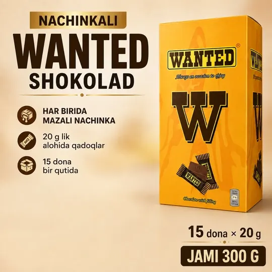15 шт шоколад с начинкой WANTED по 20г, размер упаковки 18,5 × 10 см, производитель Ne’mat