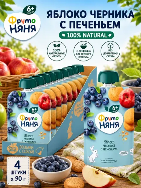 Пюре яблочно-черничное с печеньем, 90г, 4 шт ФрутоНяня