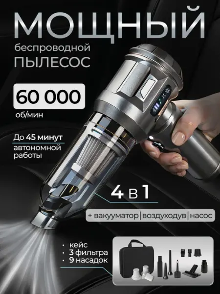 Пылесос для автомобиля беспроводной мощный с насадками BONWERK