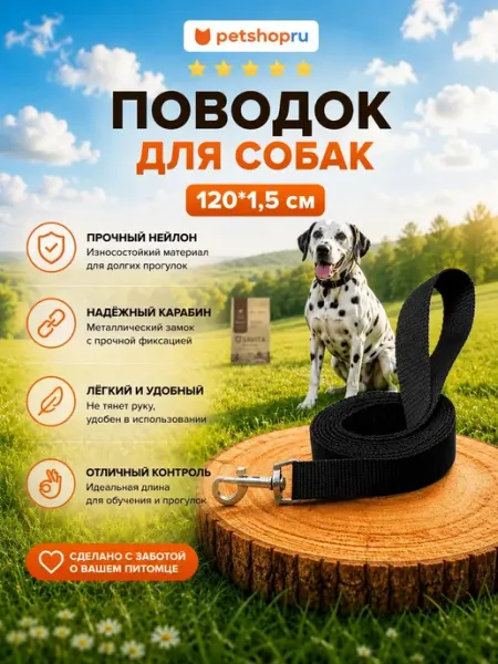 Поводок для собак нейлоновый "Турбо", черный, 120*1,5 см PetShop