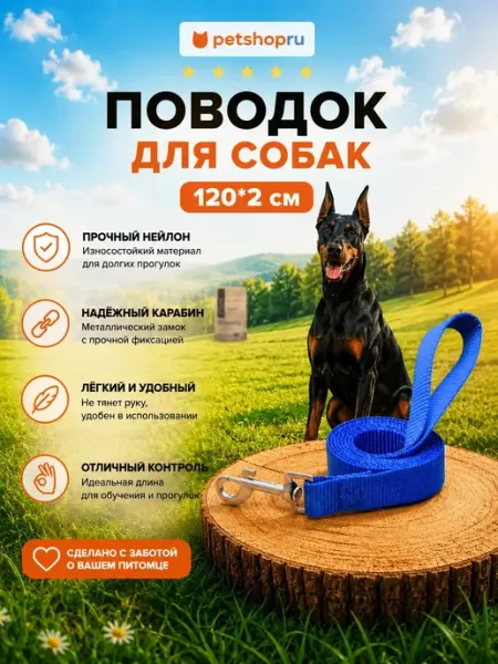 Поводок для собак нейлоновый "Турбо", синий, 120*2 см PetShop