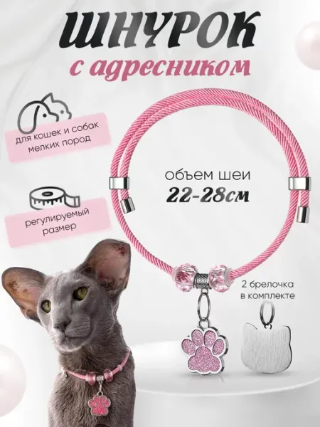 Ошейник шнурок для кошек и собак с адресником Балуем Котика
