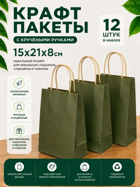 Крафт пакет бумажный с ручками 15х21 набор 12 штук Giftpack