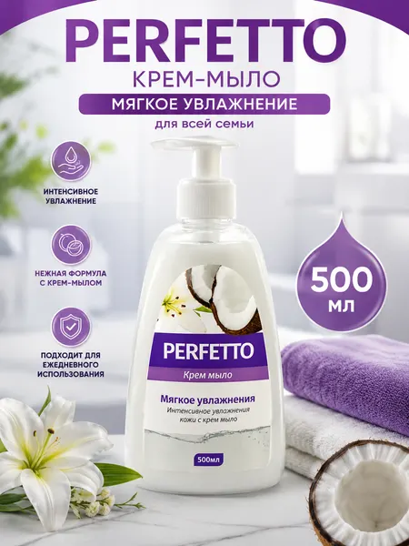 Жидкое крем-мыло PERFETTO «Мягкое увлажнение», 500 мл, аромат Класический
