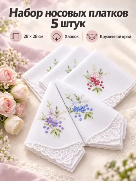 Набор платков 5 шт 28х28 см хлопок с кружевом карманные Pastel_lux