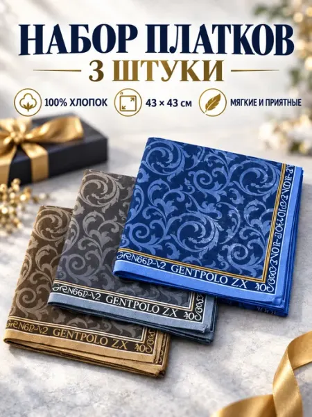 Набор платков 3 шт 43х43 см хлопок поло в карман подарочные Pastel_lux