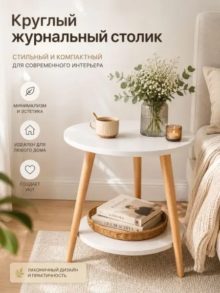 Столик журнальный круглый с полкой прикроватный