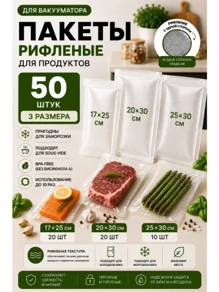 Пакеты для вакууматора рифленые 50 шт