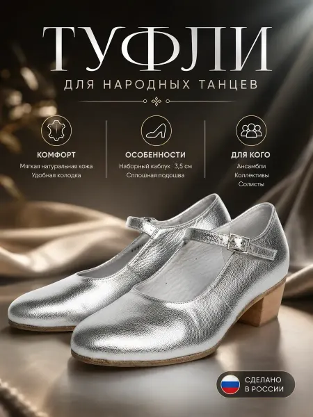 ErmonDance Туфли для народных танцев серебро кожаные