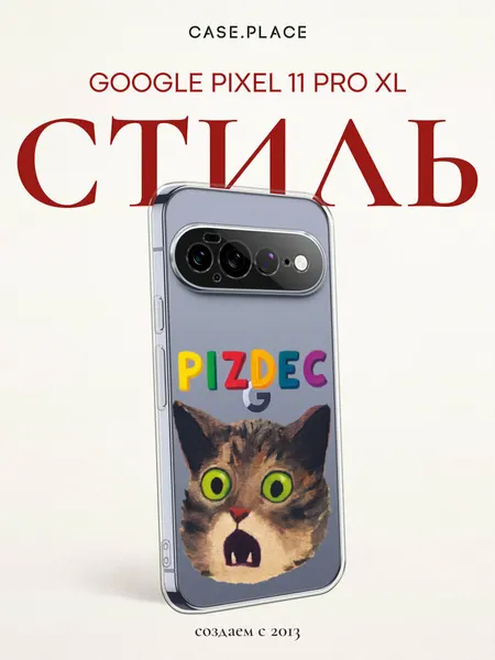 Чехол на Google Pixel 11 Pro XL / Гугл Пиксель 11 Про XL с принтом Испуганный котик с надписью, прозрачный