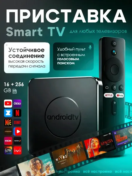Смарт ТВ приставка Android TV для телевизора с 16 ГБ оперативной памяти и 256 ГБ встроенной памяти