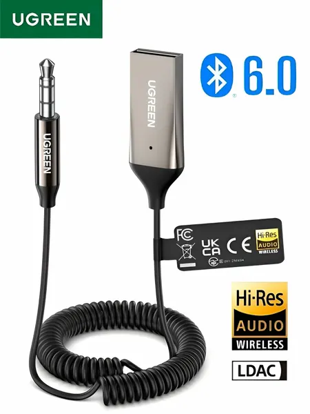 Bluetooth 6.0 адаптер для авто / UGREEN BT525, LDAC, USB-AUX
