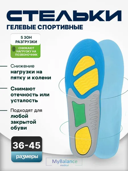 Стельки гелевые MyBalance для обуви спортивные женские и мужские, размер 36-41
