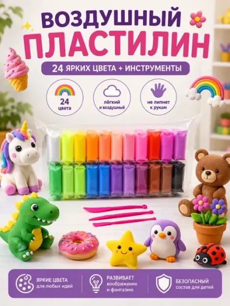 Воздушный пластилин для творчества 24 цвета bumblestar