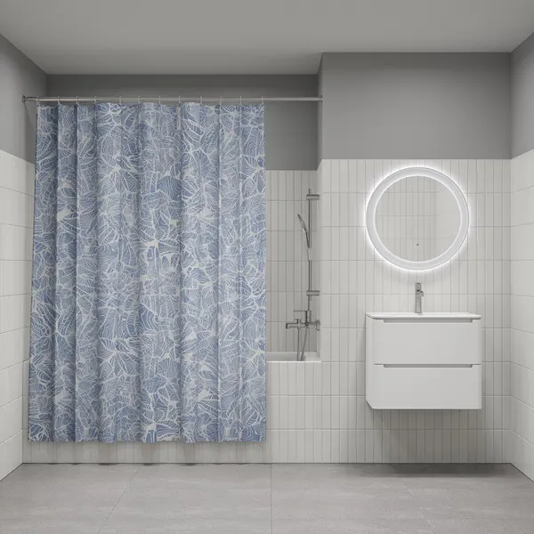 Штора для ванной IDDIS Бэйс (Base) BX03P18i11 200x180 см водоотталкивающая голубая с кольцами