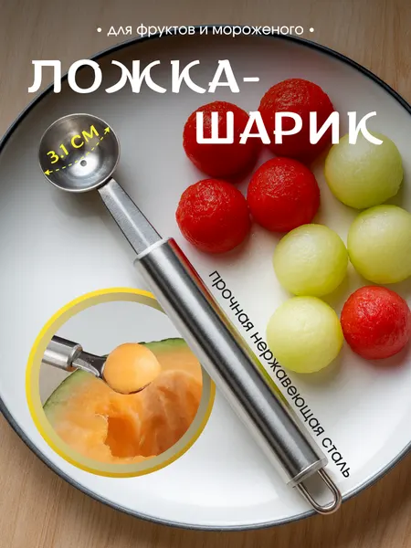 Ложка для арбуза и мороженого, шарик, нержавеющая сталь, 18 см, диаметр 3,1 см