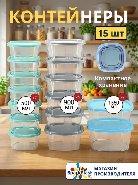 Контейнер для хранения еды, заморозки, набор 15 шт, "Sparkplast" квадратные с крышкой, пищевой пластик объёмом 0.5л-7шт, 0.9л-6шт, 1.55л-2 шт.