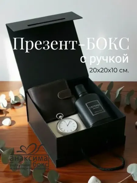 Презент-бокс с ручкой 20х20х10 см, коробка на магните черная Анаксима