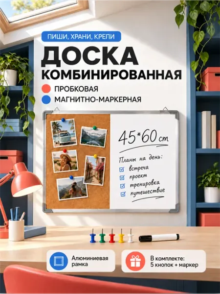 Доска магнитно-маркерная двусторонняя на стену, 60х45 см