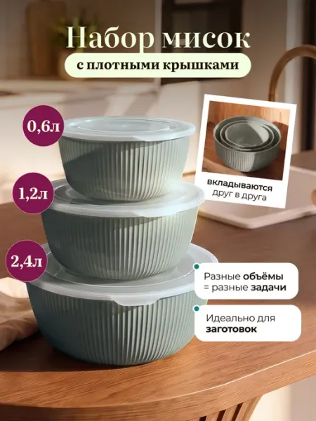 Набор мисок с крышками для кухни Палитра Уюта