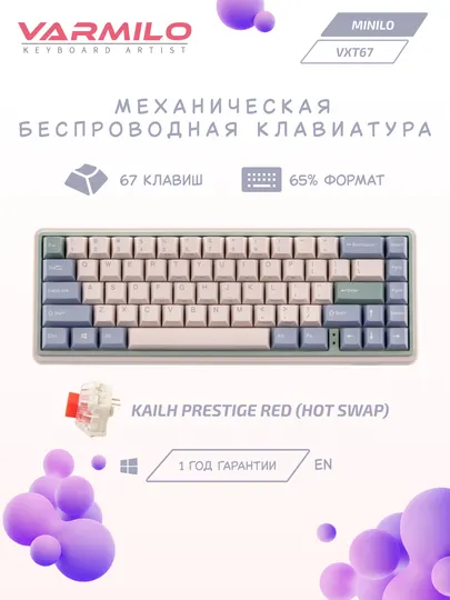 Клавиатура Varmilo Minilo VXT67 HOT-SWAP Eucalyptus Kailh Prestige BT/WL/USB-A, Hot-Swap