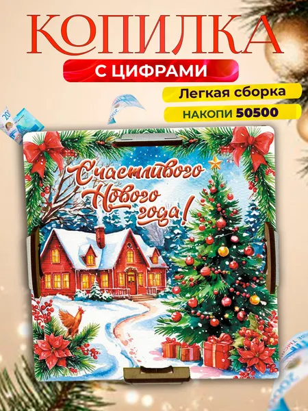 Копилка детская деревянная для денег новогодняя, подарок на новый год