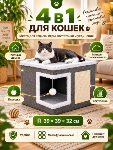 Уютный, мягкий и милый домик для кошки с игрушкой - Домики и лежаки для кошек