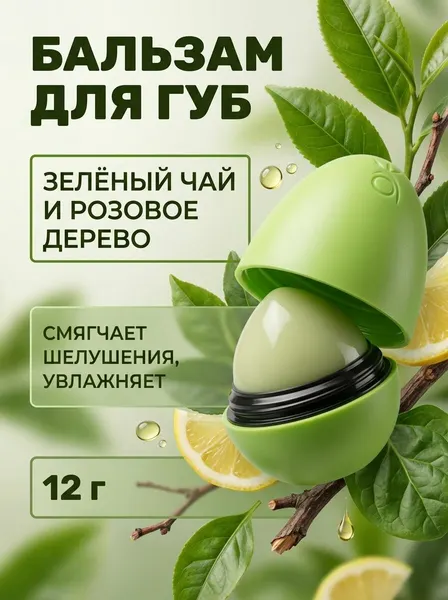 Бальзам для губ Зелёный чай и розовое дерево Organic с SPF7 против герпеса и воспалений, 12 г