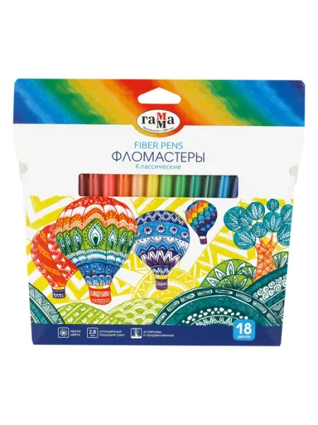 Фломастеры Классические, 18 цветов, смываемые Гамма