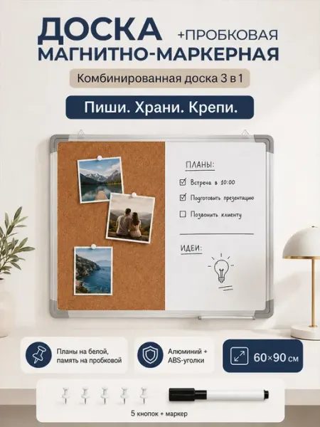 Комбинированная доска магнитная и пробковая 60×90 см BY CHOICE