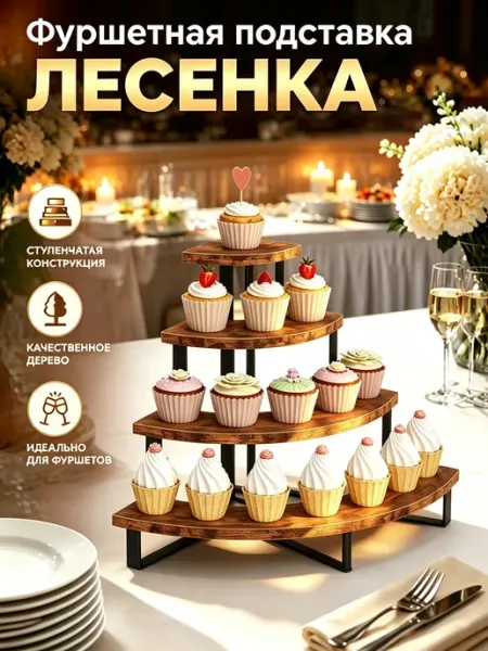 Блюда‑этажерка для десерта и торта деревянная четырехъярусна