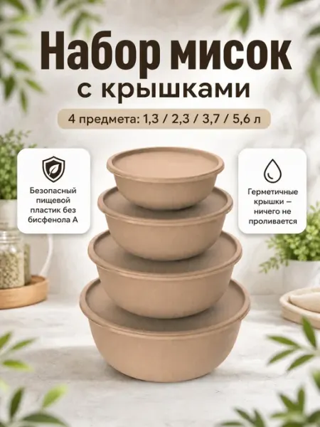 Миски с крышками для кухни набор салатников 4 шт
