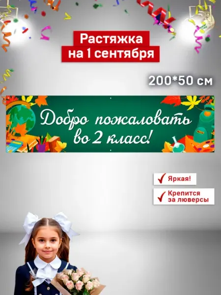 Растяжка Добро пожаловать во 2 класс 2х0,5 м Конфетка дизайн