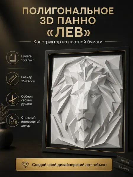 Настенное декоративное 3D-панно «Лев» Low Poly из бумаги 1TOY