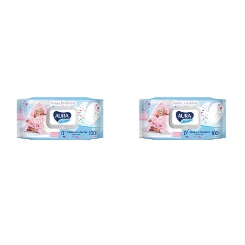 Aura Влажные салфетки детские Ultra Comfort, 0+, с экстрактом алоэ и витамином Е, в уп. 100 шт, 2 уп