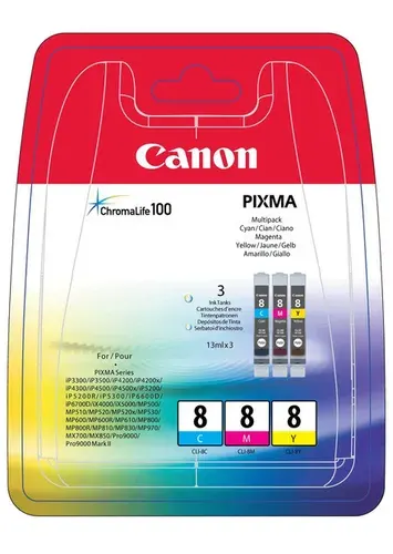 Набор картриджей CANON CLI-8, голубой + пурпурный + желтый (Cyan+Magenta+Yellow), оригинальный, для струйного принтера (0621B029)