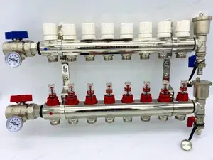Коллектор для теплого пола с расходомерами, никелированная латунь, 1", 8 вых, комплектован: автовоздухоотводчик, сливной кран и шаровыми кранами с термометрами арт. KA008
