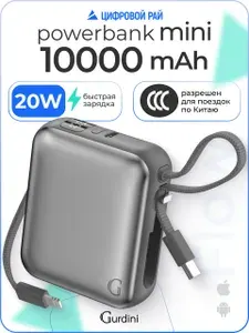 Внешний аккумулятор Gurdini Flow Power (CCC) 10000 mAh 20W ( built-in cables ) USB-C/Lightning Dark Gray