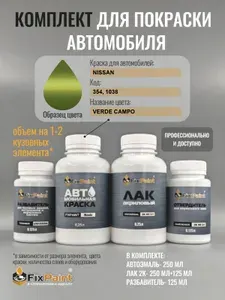 Комплект для покраски NISSAN, код 354, 1038, VERDE CAMPO, базовая автомобильная краска 250 мл, лак 2K 250 мл с отвердителем, разбавитель 125 мл, FixPaint Pro