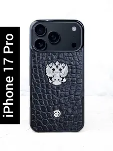 Чехол iPhone 17 Pro / Premium Euphoria Герб РФ MiniCroc Leather - Натуральная кожа, металл, ювелирный композит