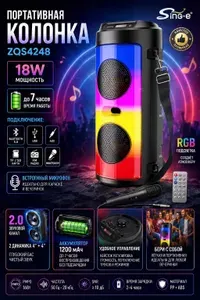 Портативная Bluetooth колонка ZQS4248 с микрофоном, 18 Вт, RGB подсветка, FM радио, USB, TF, AUX, караоке