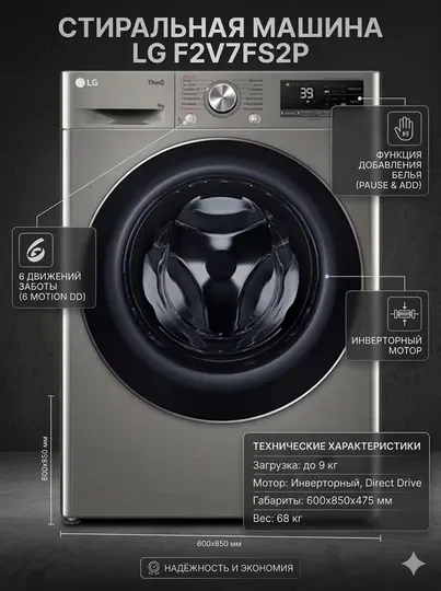 Стиральная машина LG F2V7FS2P, 9 кг, INVERTER, узкая с функцией пара