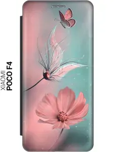 Чехол-книжка на Xiaomi Poco F4 с принтом "Бабочка и цветы" черный