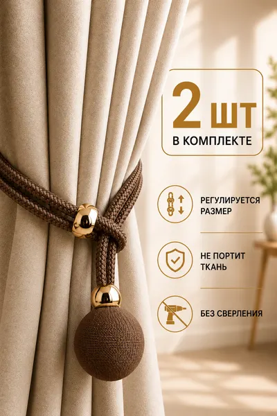 Подхват для штор, зажим, текстильный, круглый, бежевый, 2 штуки