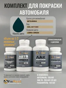 Комплект для покраски MITSUBISHI, код G43, AC11243, LIBIRA GREEN, базовая автомобильная краска 250 мл, лак 2K 250 мл с отвердителем, разбавитель 125 мл, FixPaint Pro