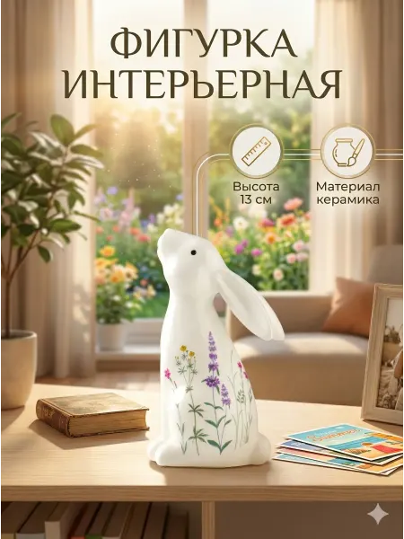 Фигурка интерьерная керамика Белый зайка - полевые цветы