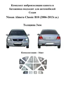 Комплект виброизоляции капота и багажника подходит для автомобилей седан Nissan Almera Classic B10, 3мм