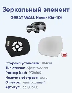Зеркальный элемент для автомобиля GREAT WALL Hover (06-10) сфера нейтральный с обогревом -L-